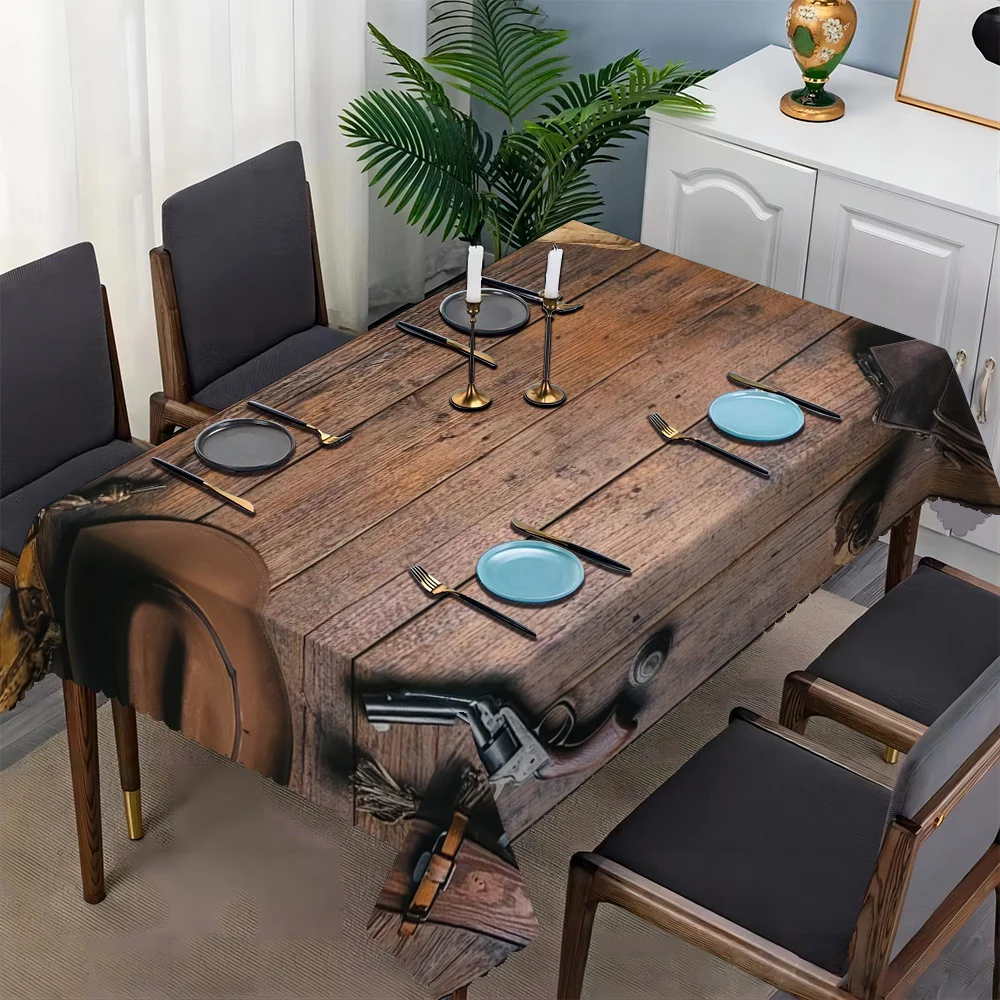 One rectangular tablecloth with rural western cowboy pattern and wood grain print, made of polyester twill fabric