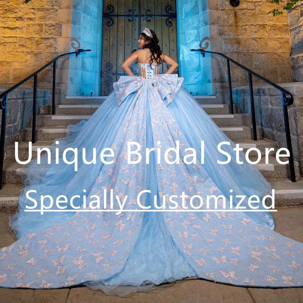 Lindo azul quinceanera vestidos de tule apliques com cristal sem costas rendas vestido de baile vestidos de 15 anos quinceañ