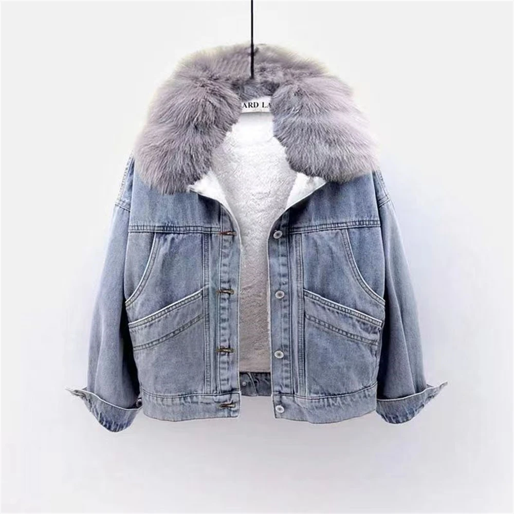 Winter Denim Jacket Women Fashion Fur Collar Warm Fleece Velvet Lining Denim Coats Bomber Outerwear Female Blue Chaqueta Mujer