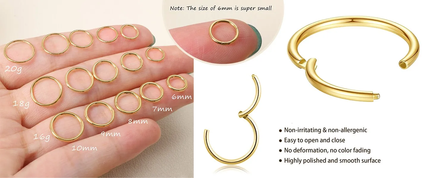 18G 316L Chirurgenstahl Nasenring Creolen, Knorpel Creolen für Damen Herren Piercing Schmuck 6mm/8mm/10mm/12mm – Detail 2