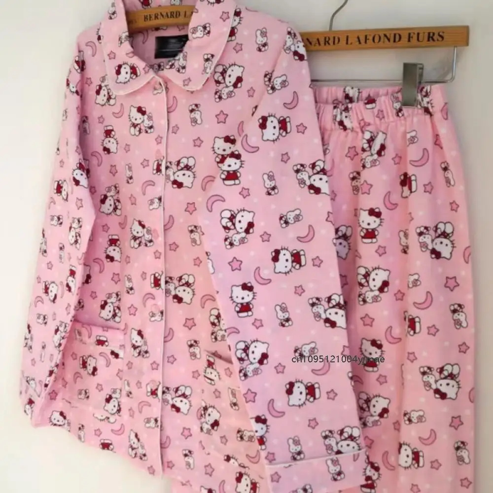 

2Pcs New Autumn Winter Youth Women Cotton Sweet Hello Kitty Lapel Velvet Pajamaslong Sleeve Tops Pants Home Casual Clothes Set