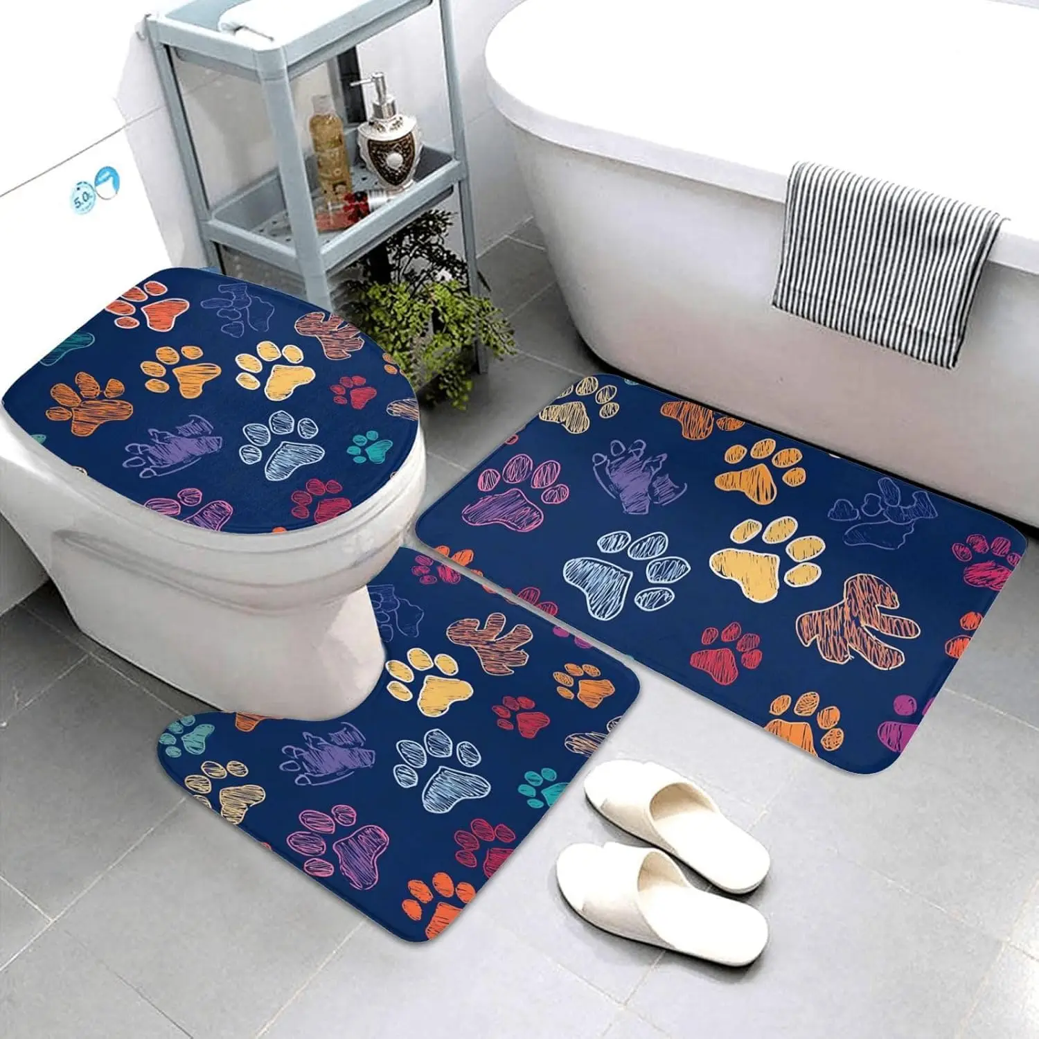 

3pcs Plush Dog Paw Print Bath Rug Set - Soft Flannel Non-Slip Bath with Adorable Puppy & Dog Footprints, Machine Washable Thick