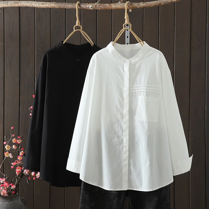 

2025 Elegant womens blouses Japan style brief long sleeve stand collar white black solid shirts plus size tops lady clothes