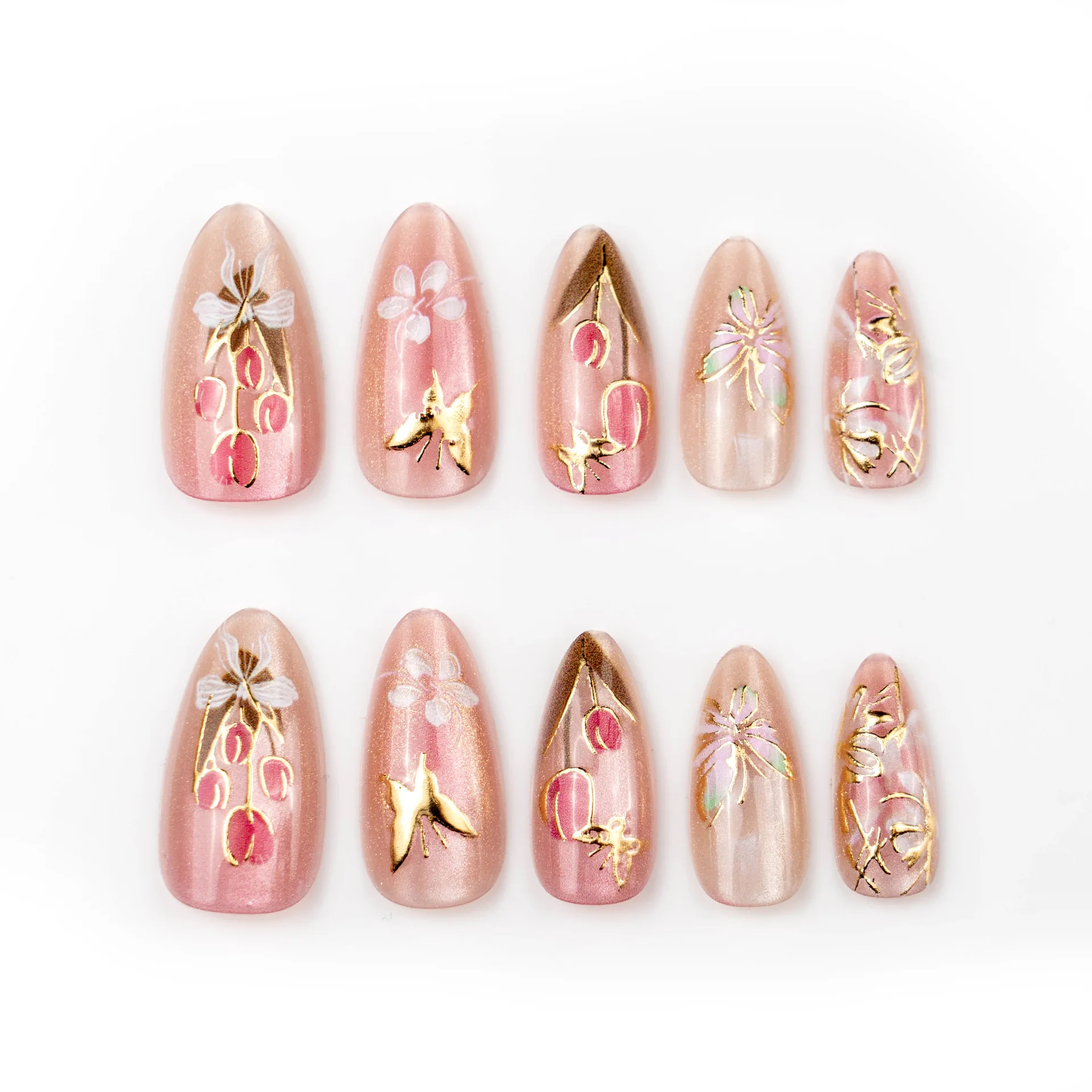 

24PCS Pink Holographic Press on Nails Almond Shape 3D Gold Butterfly Floral Design Sweet Elegant Butterfly Artistic Nail Art일본네일