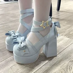 2024 New Sweet Vintage Mary Janes Scarpe da donna Star Buckle Lolita Kawaii Scarpe con plateau Femminile Bow-nodo Scarpe firmate carine