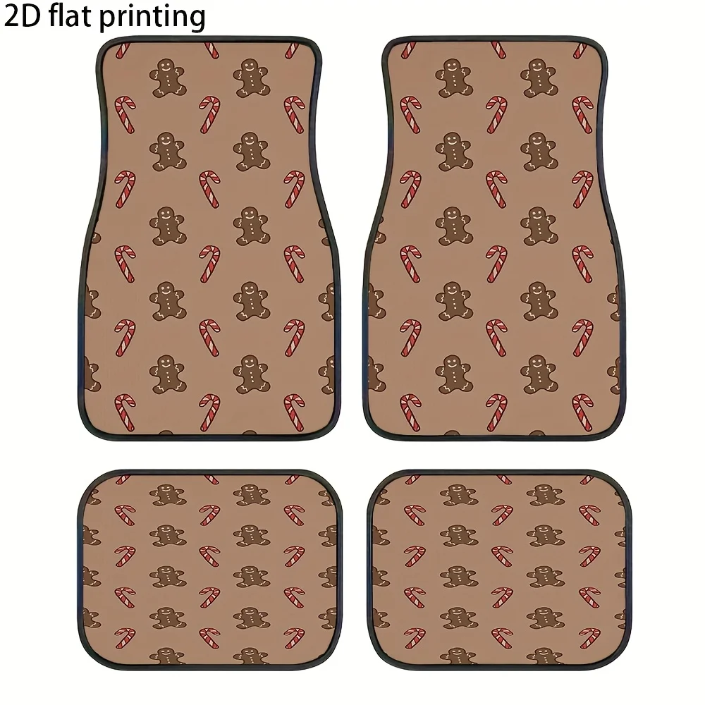 4pcs Car Floor Mats, Christmas Gingerbread Man Candy Pattern, Universal Car Mats, Made Of Polyester Fiber, Automotive Decorative