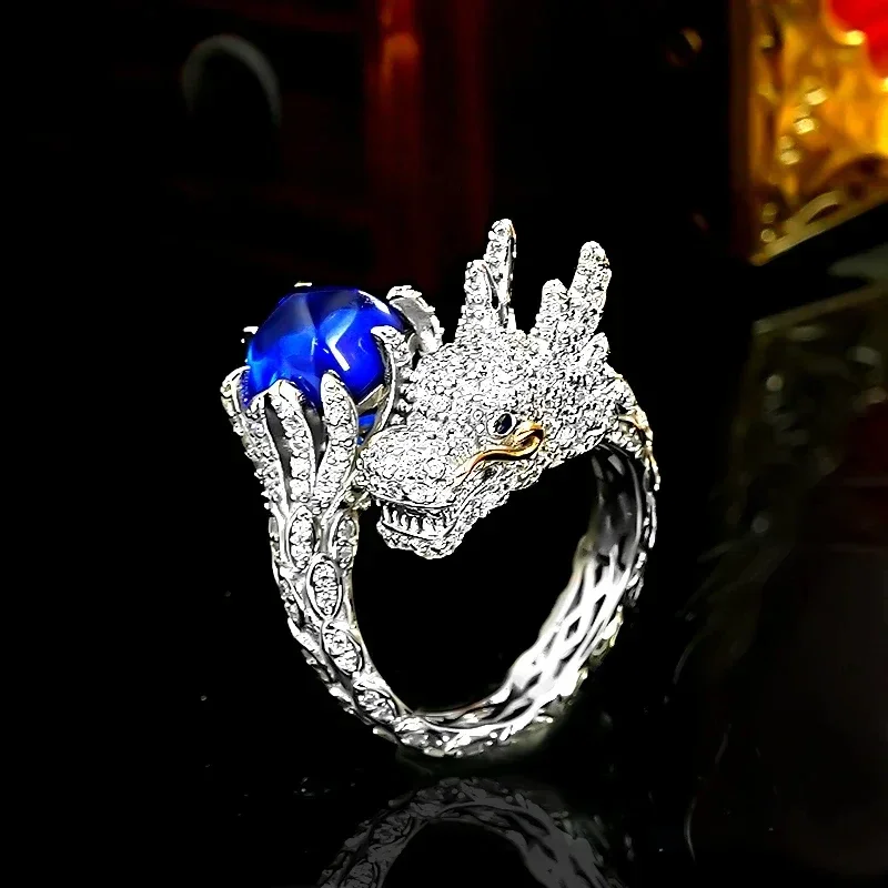 Powerful Sugar Tower Blue Treasure Dragon Ring 925 sterling silver plated 18K gold three-dimensional full diamond zodiac gift