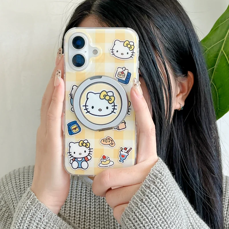 Cute Cartoon Sanrio Hello Kitty Finger Ring Holder Stand Grip 360 Rotating Phone Case For iPhone 16 15 14 13 Pro Max Hard Cover