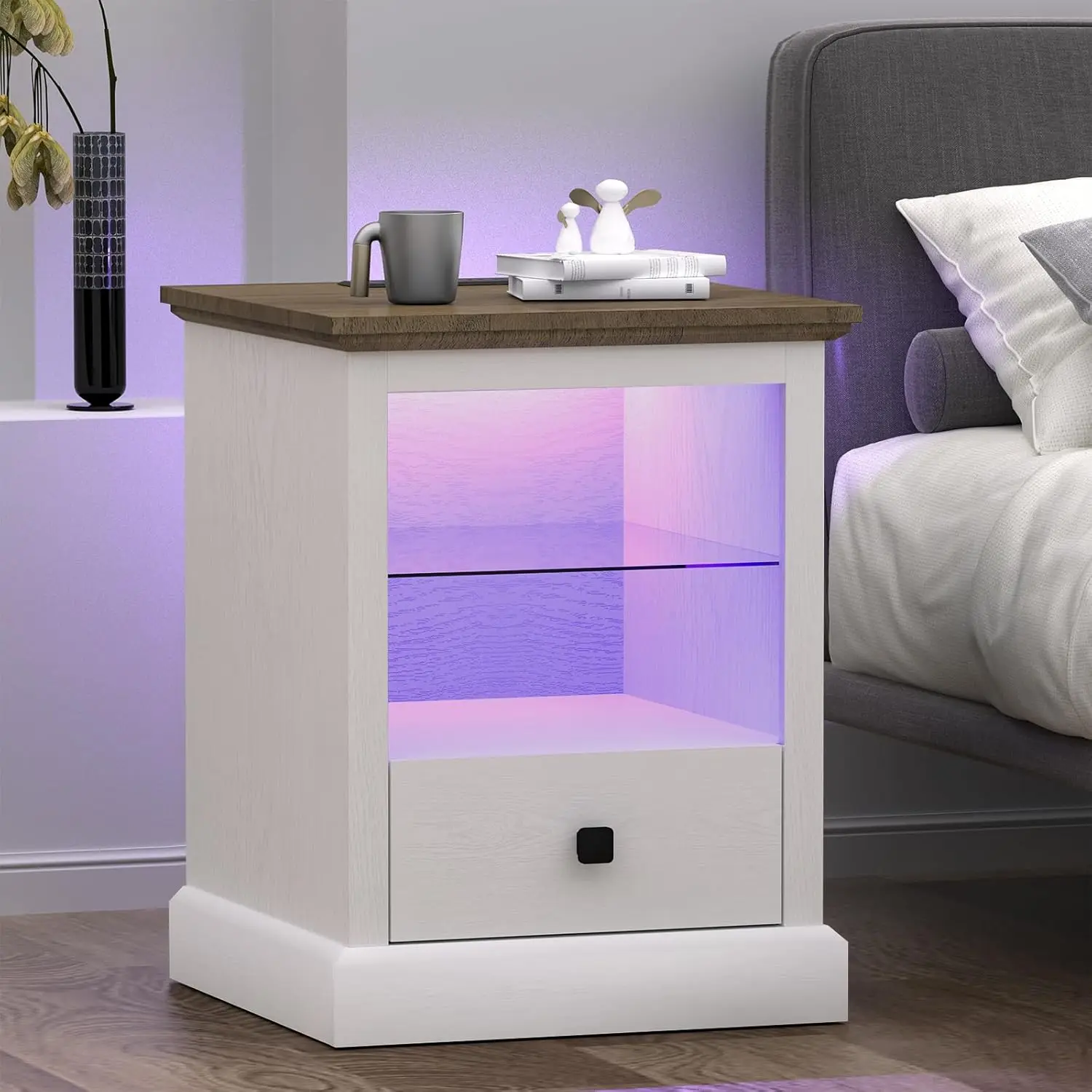 

LED Nightstand with Charging Station, End Table with Drawer, Bedroom Side Table, Adjustable Shelf, USB Ports & Outlets