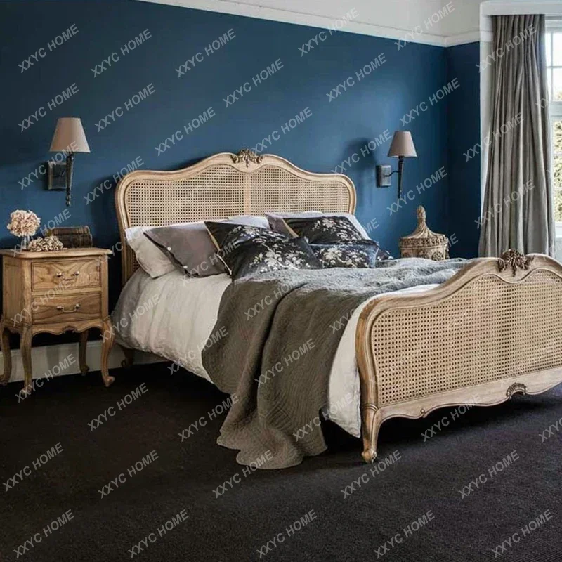 سرير مزدوج أصلي منحوت من نسيج الروطان عالي الظهر مصنوع من الخشب الصلب لغرفة النوم فن الروطان الحنين العتيق سرير الأميرة بطول 1.8 متر #3