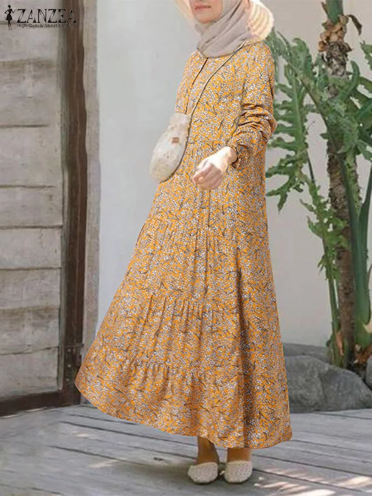 2023 ZANZEA Fashion Floral Print Muslim Dress Women Casual Loose Ruffle Abaya Sundress Kaftan Robe Femme Vintage Maxi Vestidos