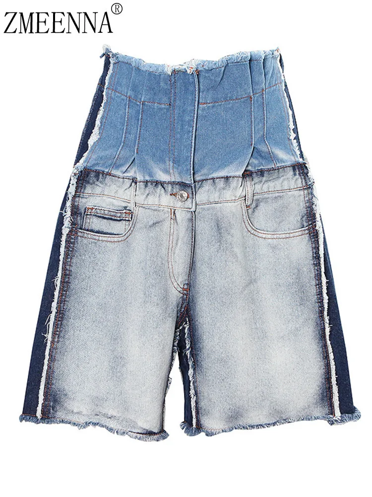 

ZMEENNA Women's High Waisted Two Tone Denim Shorts Raw Hem Frayed Jean Bottoms Fashion Patchwork Casual Summer ZM3186