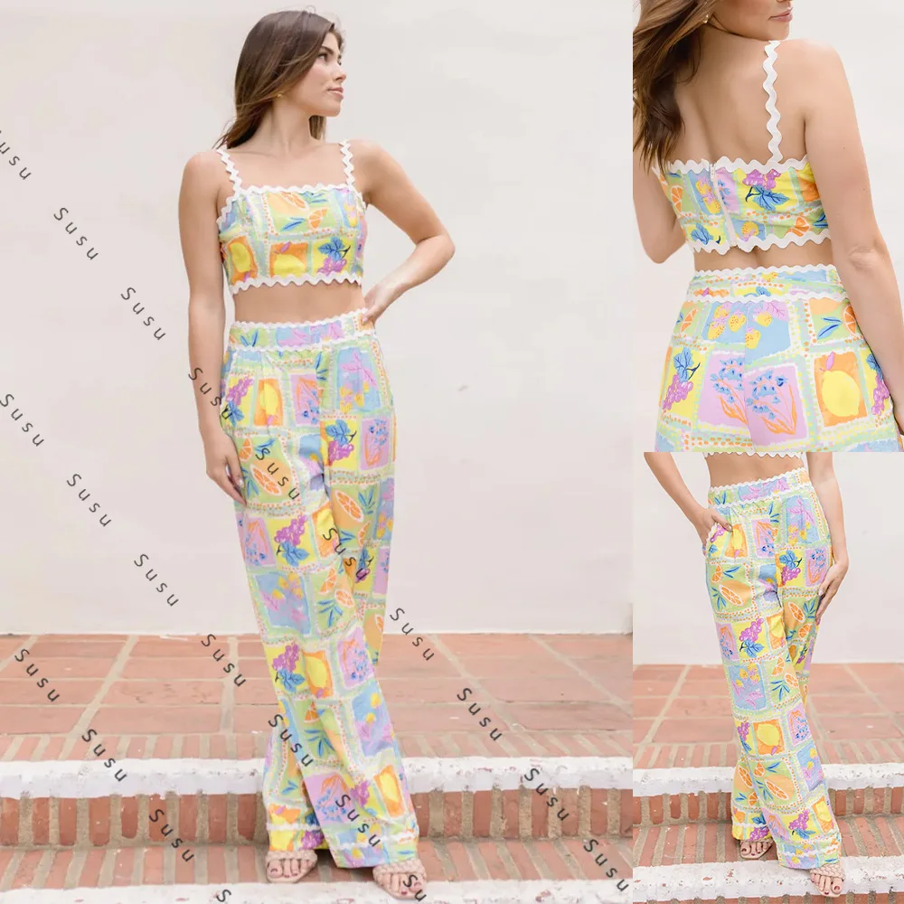 

Новая европейская и американская женская одежда 2025 года, жилет-слинг, брюки с принтом, комплект из двух предметов с кружевом 3028