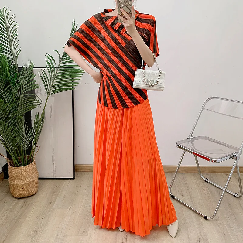 Miyake Pleated Irregular Stripe Top + Solid Color Loose Wide Leg Pants Two Piece Under Casual Peplum Women's Suit