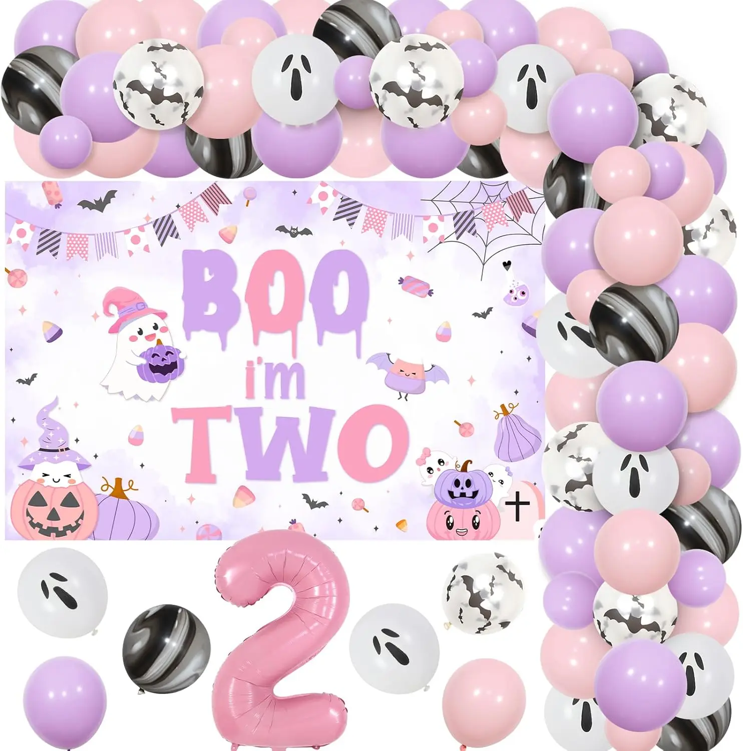 Kreat4joy Halloween Party Decorations Girl, Boo I’m Two Backdrop Balloon Garland Pink Purple for Girl 2nd Birthday Party