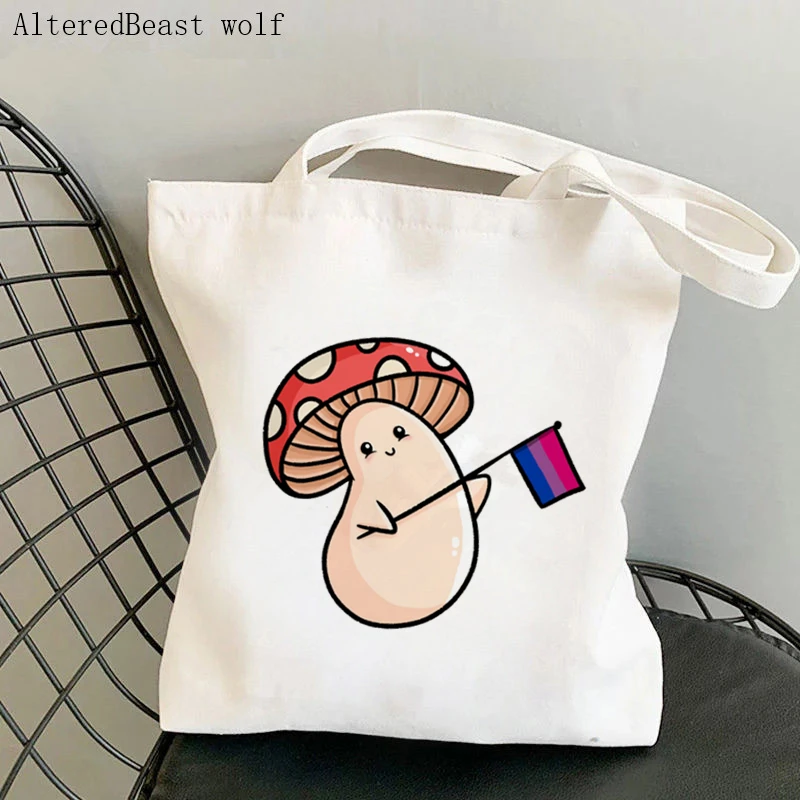 Women Shopper bag Mushroom Bi LGBTQ Gay Flag Bisexual Bag Harajuku Shopping Canvas Shopper Bag girl handbag Shoulder Lady Bag