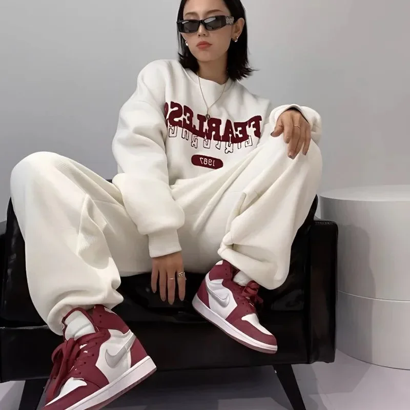 Korean Fashion Streetwear 2 Piece Sets Womens Outfits Winter Y2k Tracksuit Letter Print Sweatshirt + Trousers Female Loose Suits