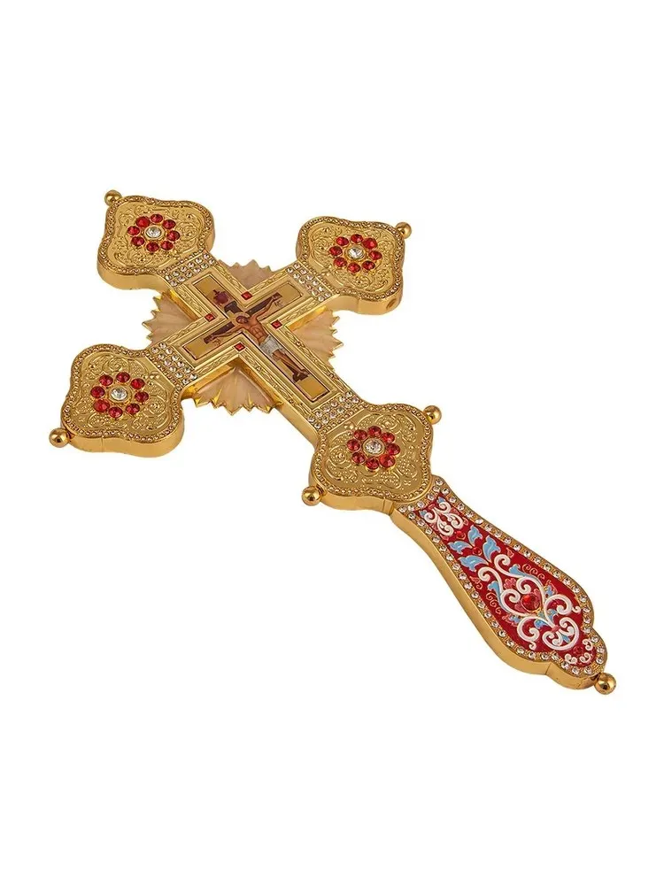Vergoldetes Orthodoxes Standkreuz mit Emaille- und Kristalleinlage und Kruzifix-Ikone, Hochwertiges Kirchenaltar-Kreuz für Liturgie und spirituelle Zwecke – Detail 2