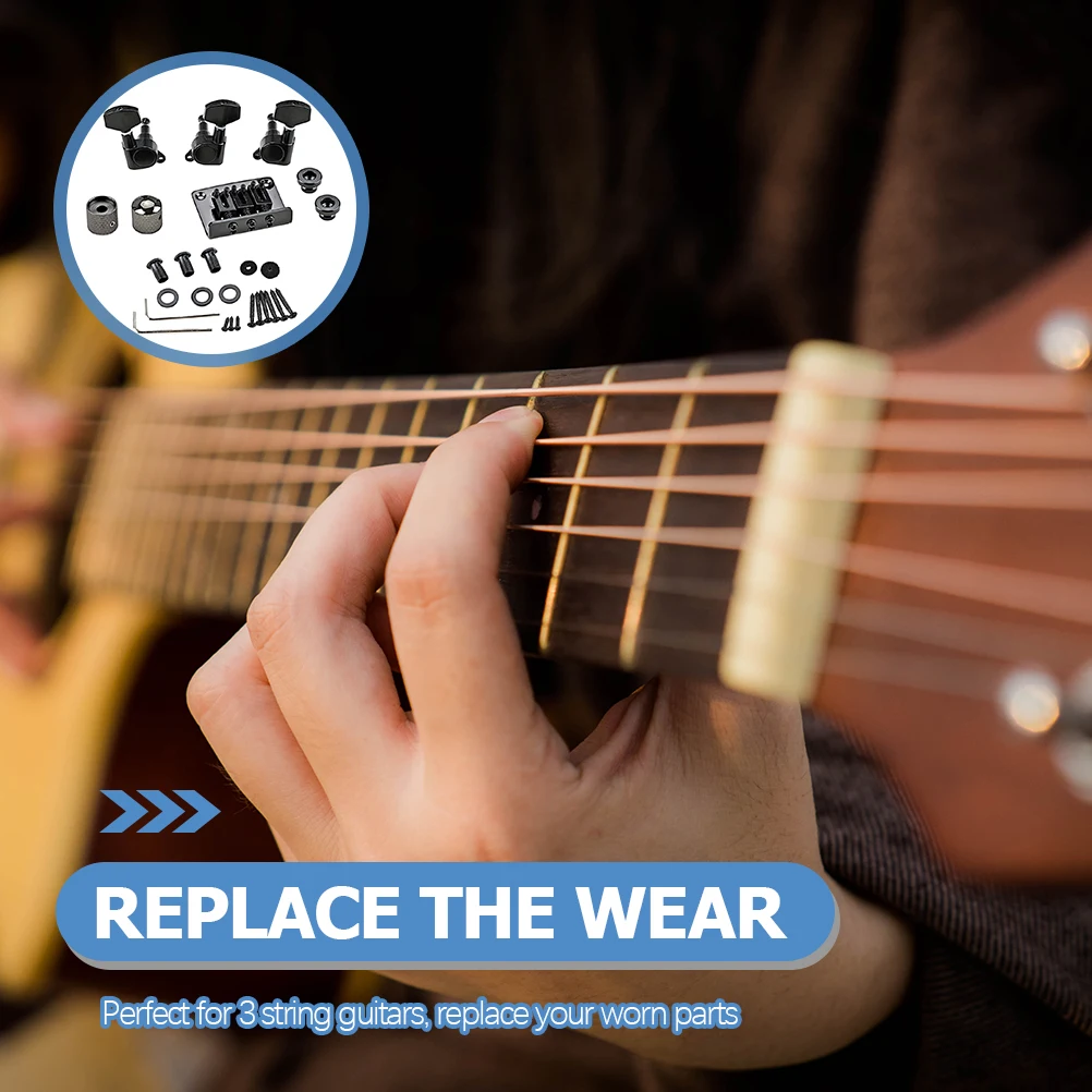 

1 Set Durable 3-String Guitar Bridge Parts Kit Metal Accessories Control Knobs Tuning Pegs Strap Locks