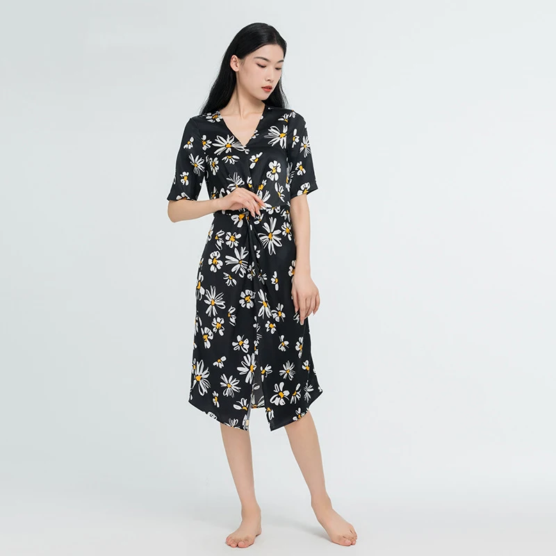 19 Momme Long Silk Dress With Daisy Printing