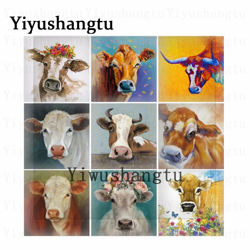 Cute cow baby animal oil colourful painting 12mm/20mm/25mm/30mm Square photo glass cabochon demo flat back Making findings