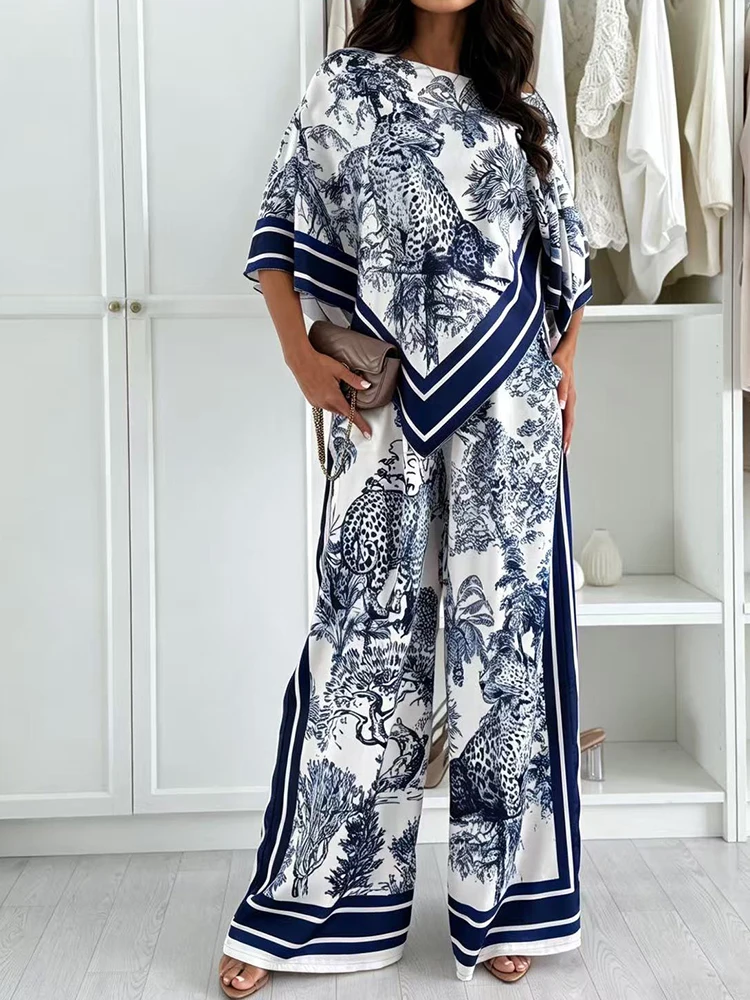 Women's Spring Summer Patchwork Print Outfit Holiday O-Neck Half Batwing Sleeve Pullover Top with Wide Leg Pants Two-Piece Set