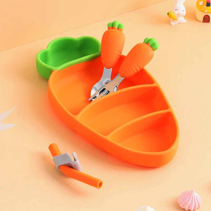 Silicone Tableware Children Carrot Feeding Baby Dinner Bowl Cartoon Plate Training Spoon Fork Infant Toddler Self Feeding Tool