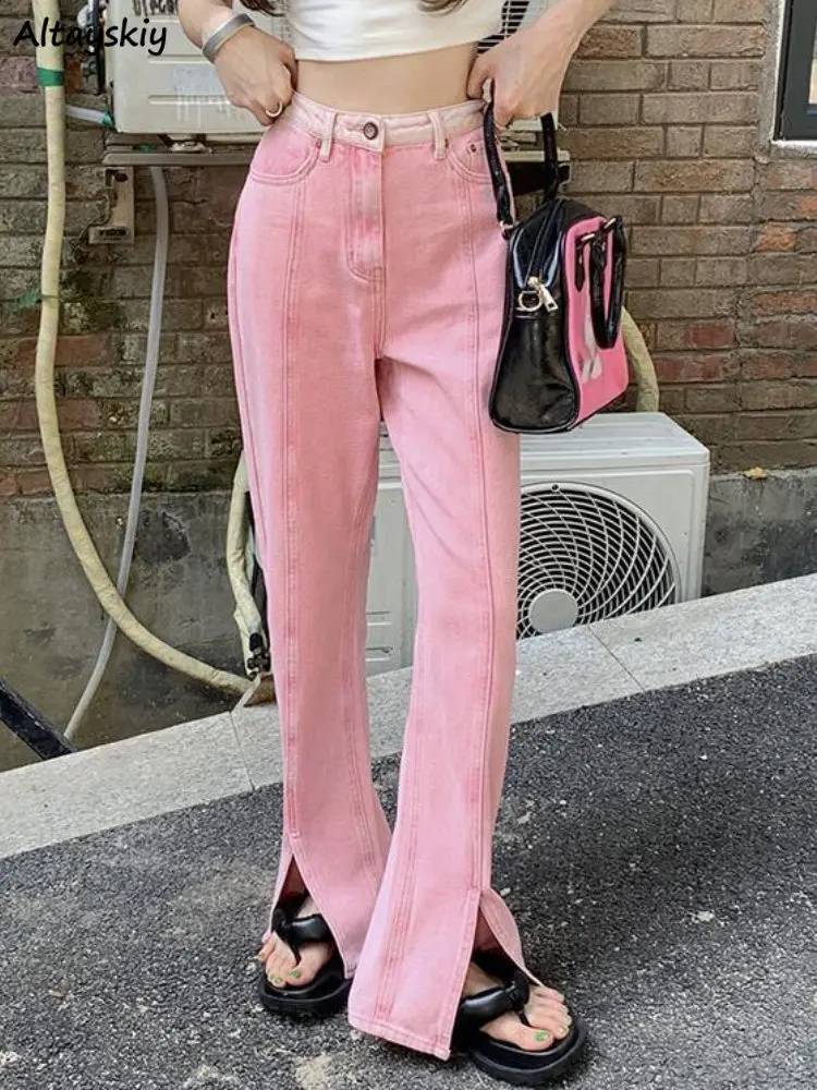 

Pink Jeans Women S-5XL Baggy Fashion Sweet Casual Vintage Slit High Waist College Spring Denim Trousers Ins All-match Streetwear