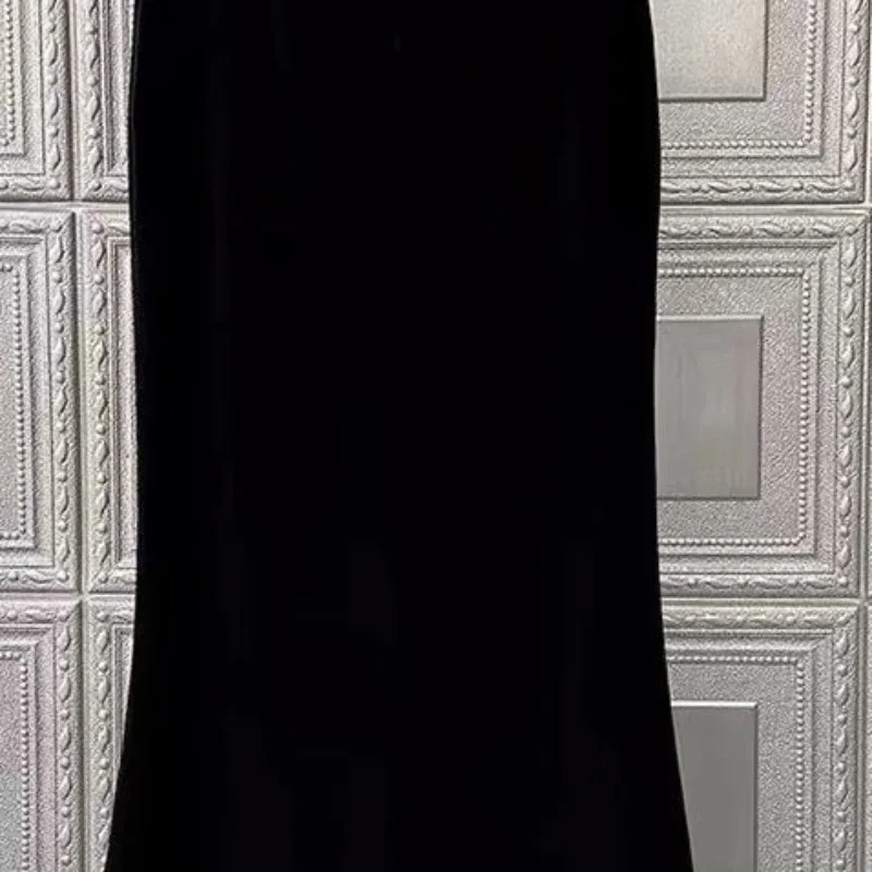 Matakawa Velvet Mermaid Skirts Women Solid Black Autumn Winter Elegant Faldas Mujer French Style A-line Vintage Long Skirt