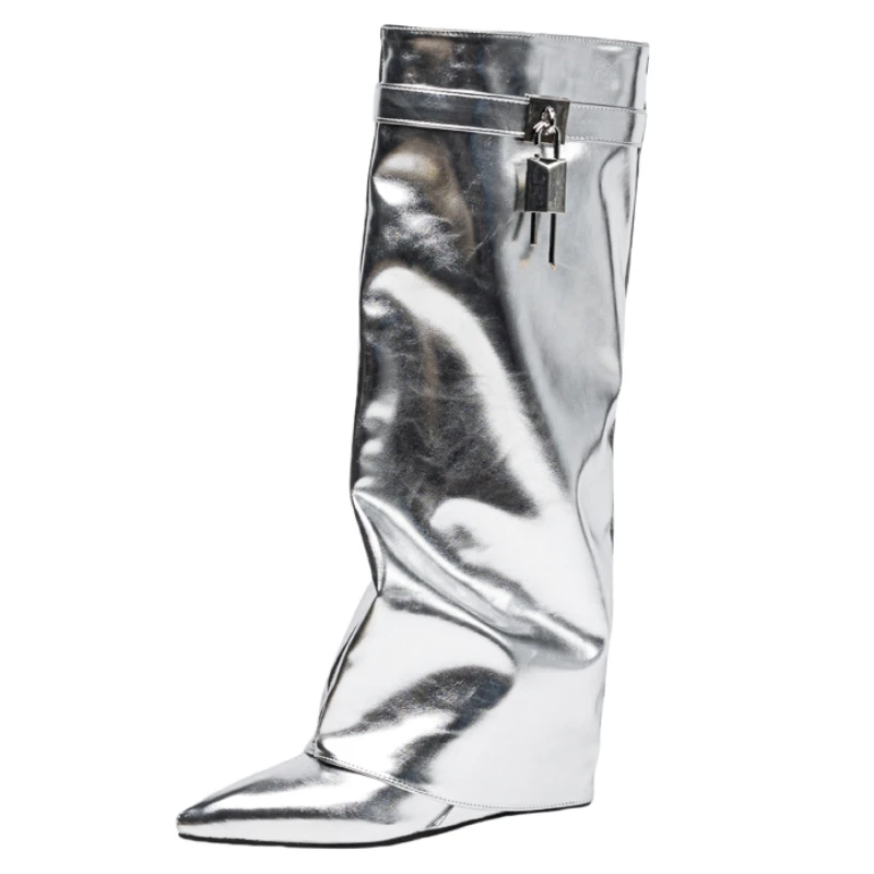 Sexy Wedge Knee High Boots for Women New 2024 New Turned-over Silver Gold Long Boot Heels Party Shoes Lady Big Size 48 Footwear