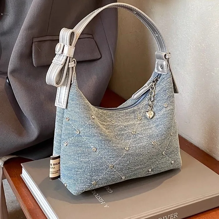 Women Denim Organizer Shoulder Bag Casual Crossbody Hobo Purse Small Vintage Handbag Lightweight Everyday Storage