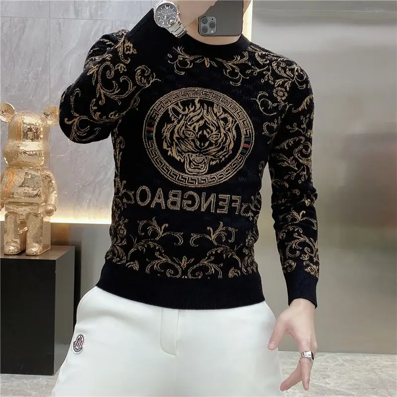 New Men's Double-sided Velvet Fashionable Pattern Tiger Head Printed Long Sleeved T-shirt