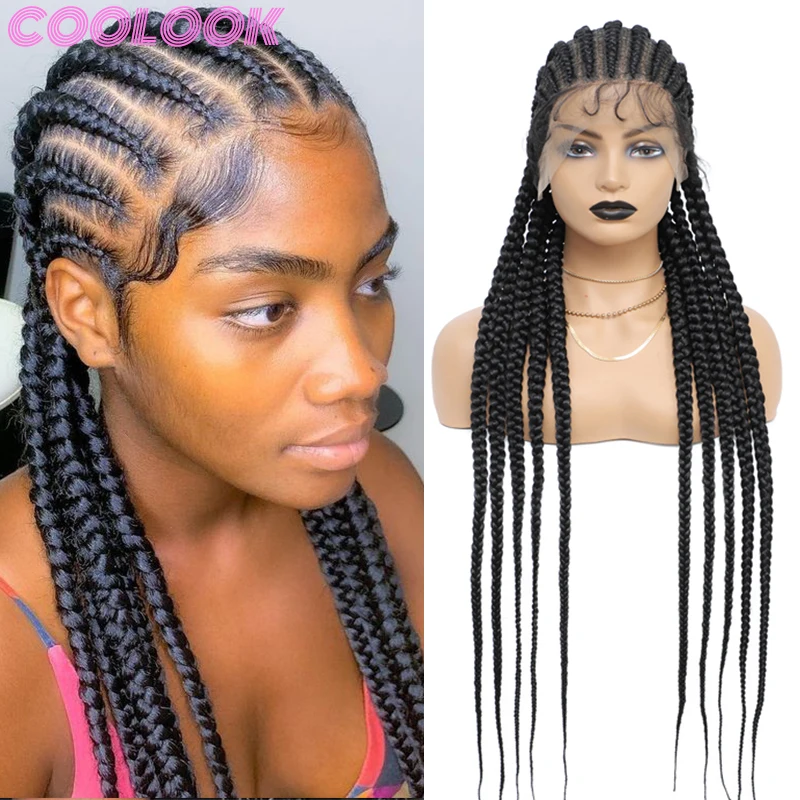 

Synthetic 360 Full Lace Braided Wigs 36" Jumbo Plait Cornrow Braids Lace Frontal Wigs with Bang Bouncy Braid Wig for Black Women