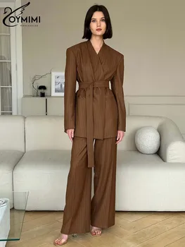 Oymimi moda brązowy nadruk dwuczęściowy zestaw dla kobiet eleganckie sznurowane koszule z długim rękawem w serek i proste zestawy spodnie pełnej długości