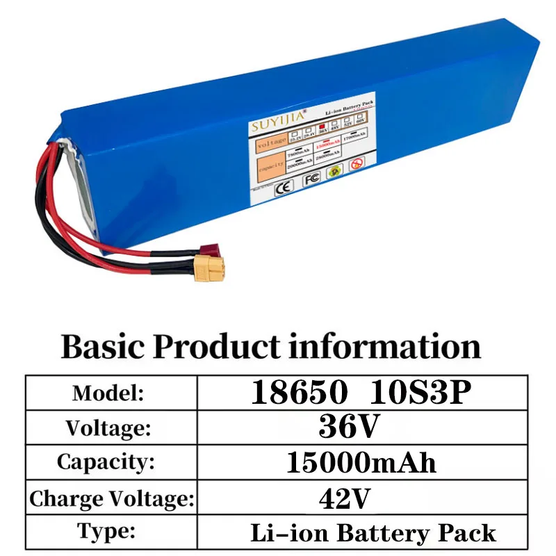 Rechargeable Lithium Battery with BMS for Bikes and Scooters, 36V, High Capacity 15Ah, 18650, 10S3P, 1000W,