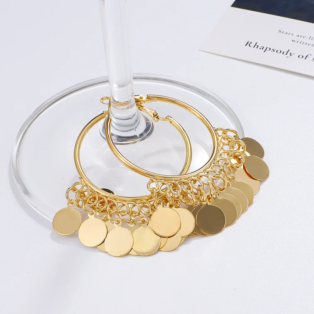 2024 New Fashion Golden Sequins Metal Tassel Hoop Earrings Luxury Trendy Temperament Earrings for Women Jewelry Gifts Wholesale