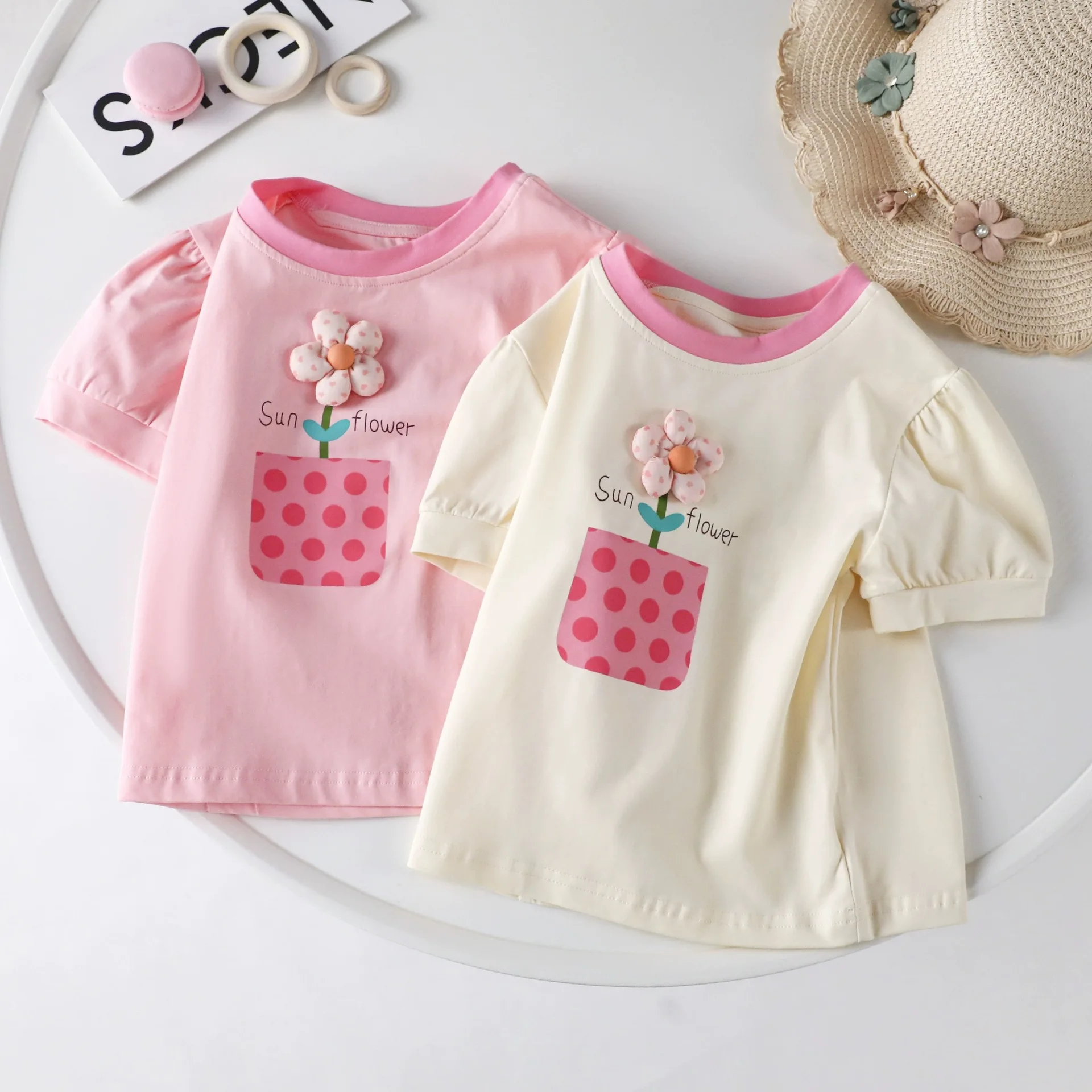 

Baby Girls Short Sleeved T-shirts Kids Bubble Sleeved Top Tees 3D Flower Pullover 2024 Summer Children's Clothing Casual