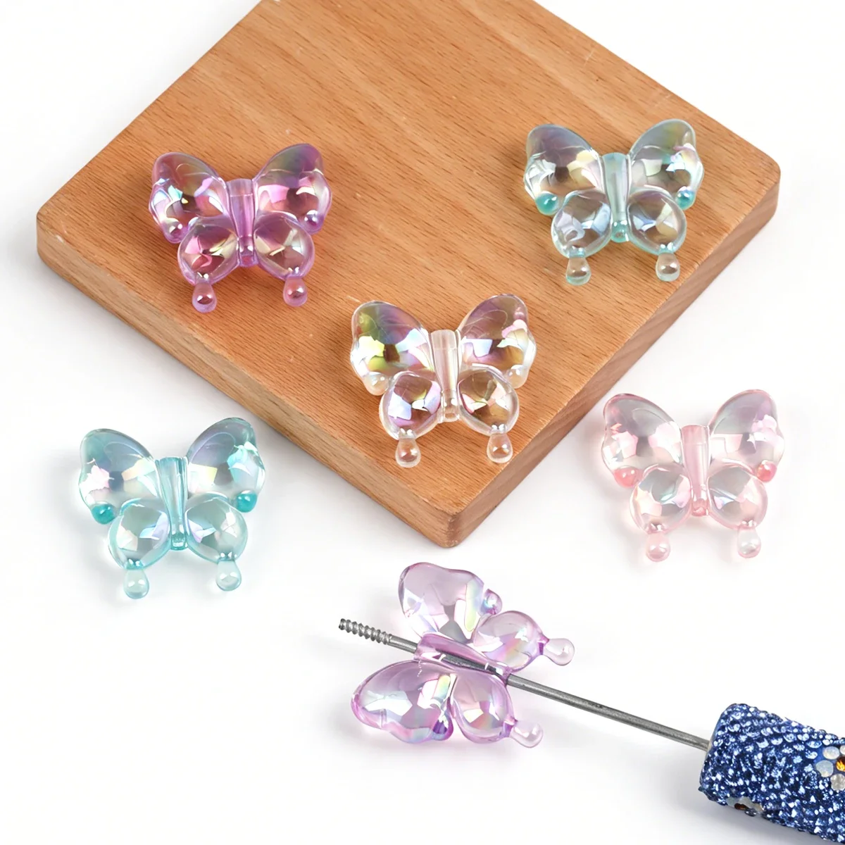 10/20pcs Random Color UV Iridescent Butterfly Acrylic Beads, 30mm Transparent AB Bowknot Spacer Beads for DIY Jewelry Making