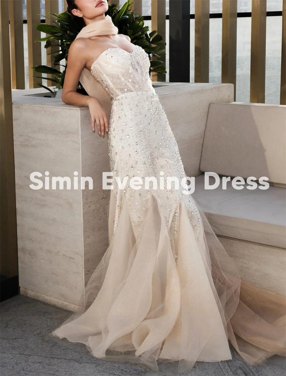 Simin Women's Customized Strapless Mermaid Beaded Evening Dresses Sleeveless With Ribbons Floor-Length Elegant Dresses 2025