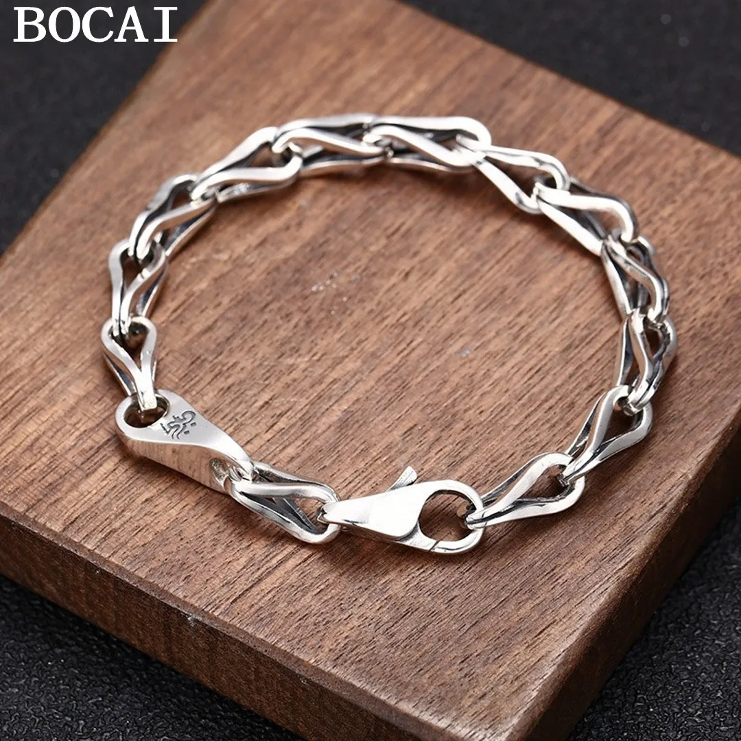 

BOCAI New S925 Silver Jewelry Retro Fashion Personalized Melon Seed Chain Simple Six-Word Truth for Men and Women Rracelet