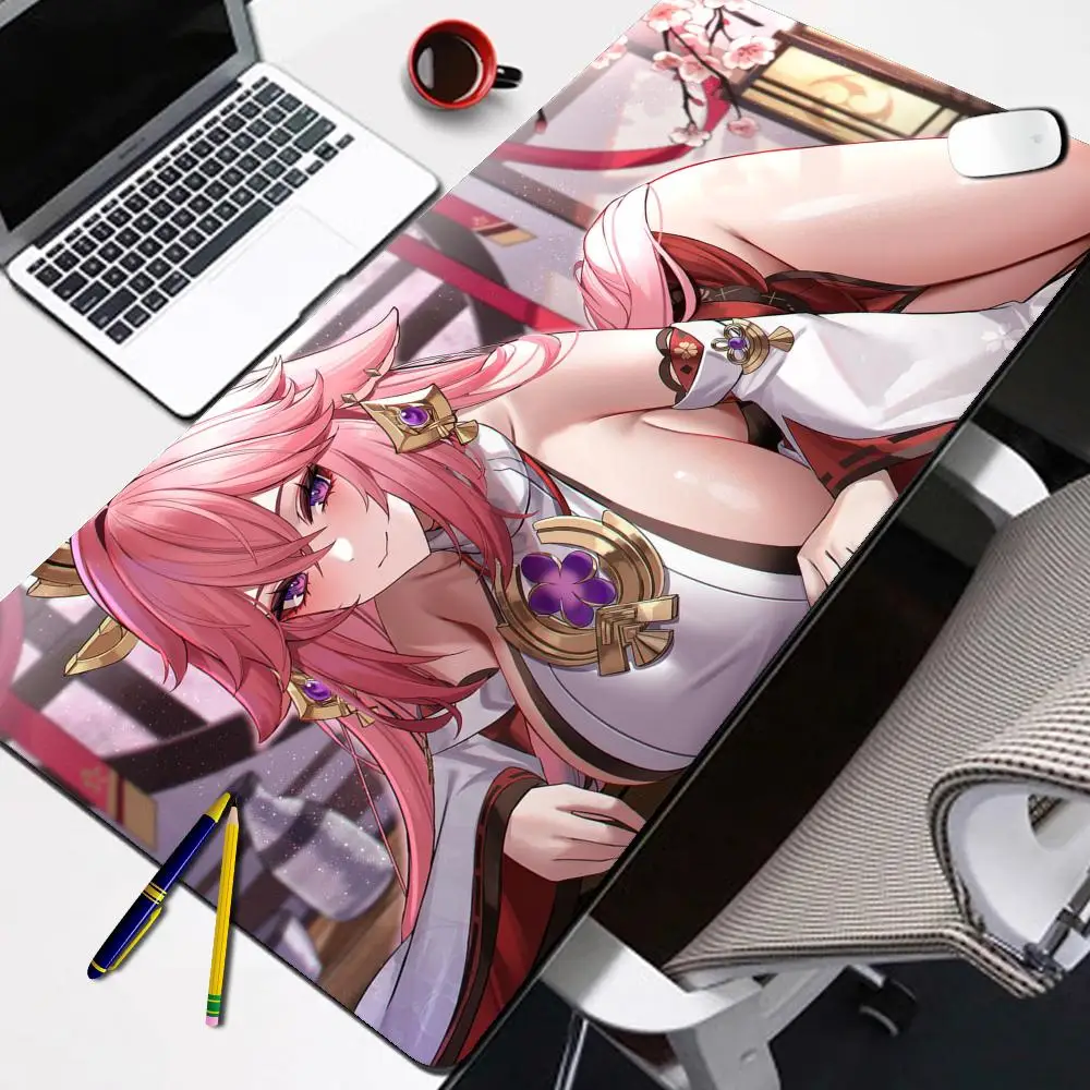 

Игровые аксессуары Yae Miko, привлекательные аксессуары для офиса и игровой клавиатуры размером XXL, нескользящий коврик для ноутбука, большие резиновые коврики в стиле аниме