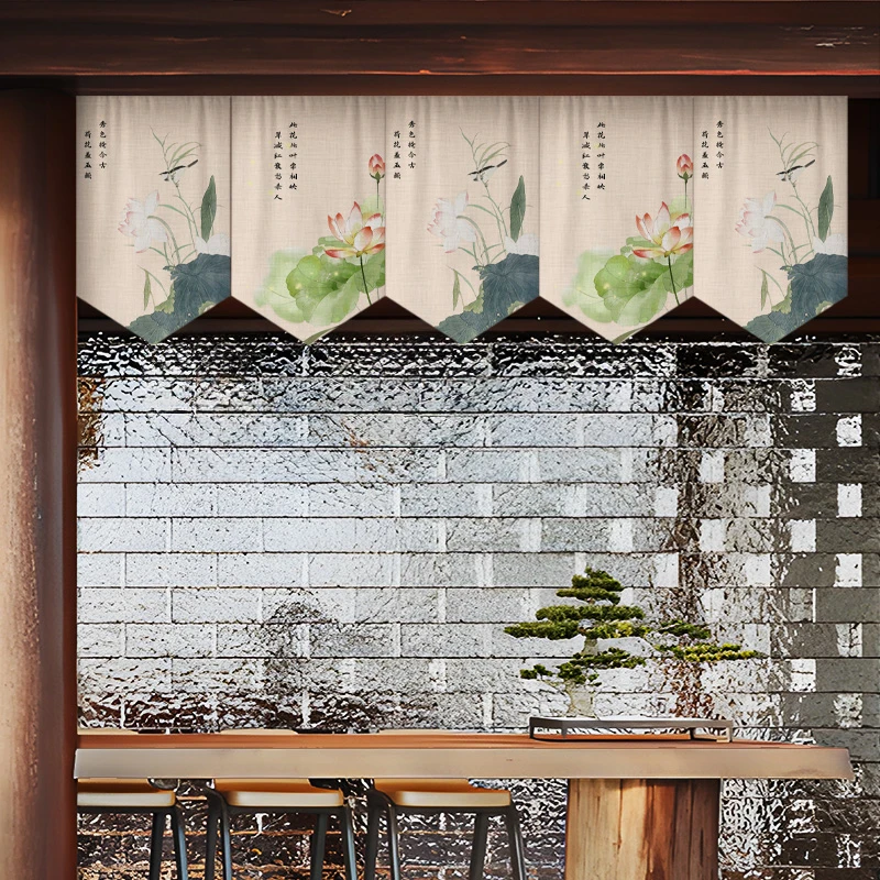 

Chinese Style Lotus Printed Short Curtain Kitchen Partition Restaurant Half-Curtain Home Doorway Bedroom Decor Window Drape