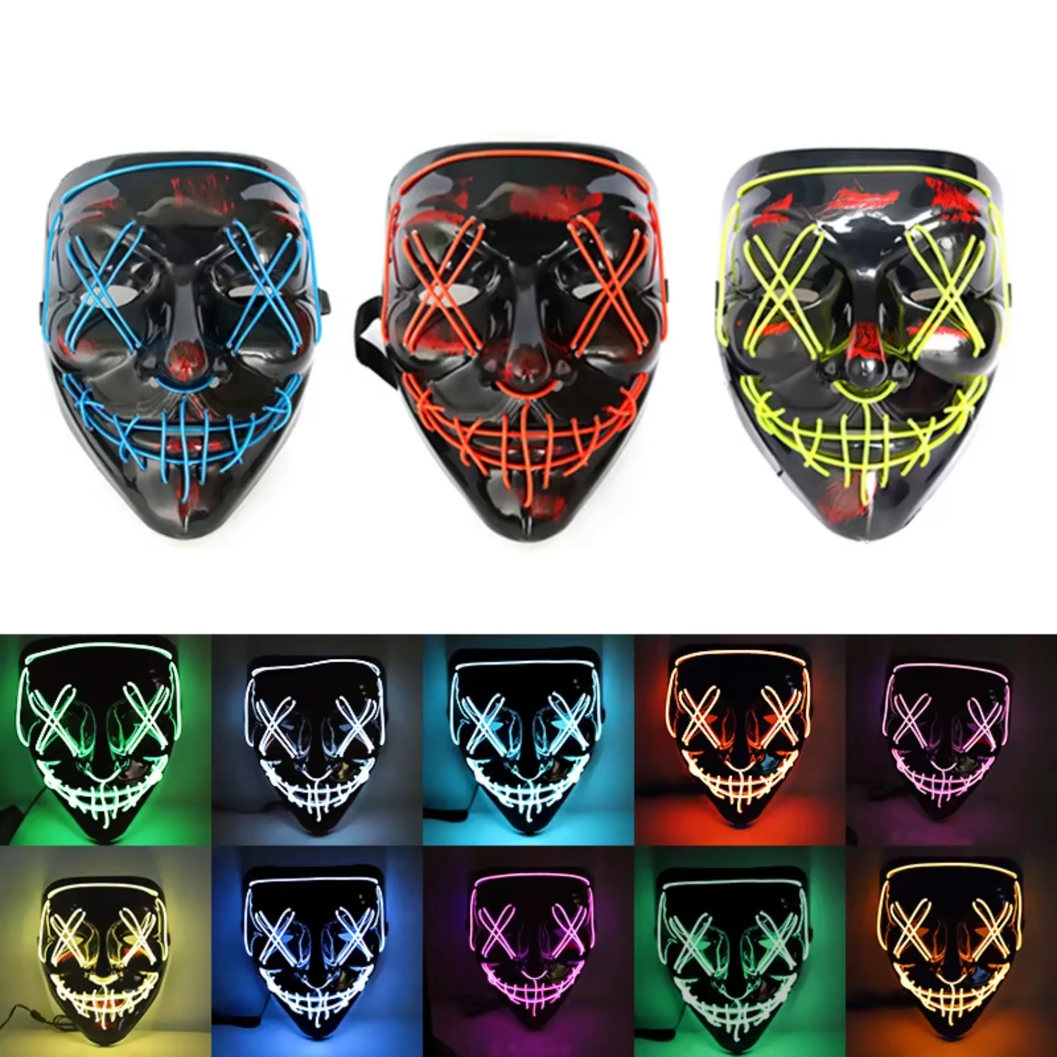 

Hot Selling New Masquerade Party Funny Colorful Wire Light Up Luminous Scary Cosplay LED Halloween Mask