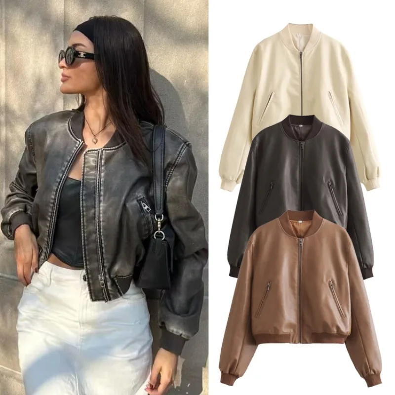 Dames gewassen leren losse jas Retro opstaande kraag Lange mouwen Ritszakken Korte jas Lente locomotief stijl damesjas