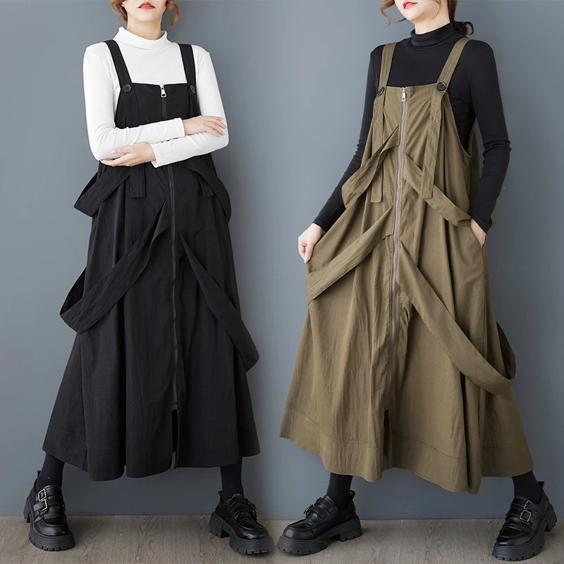 Primavera Verão 2025 Novo Estilo Japonês Vestido Midi F Plus Size Moda Solto Emaecedor Vestido de Alças Saia em Linha A