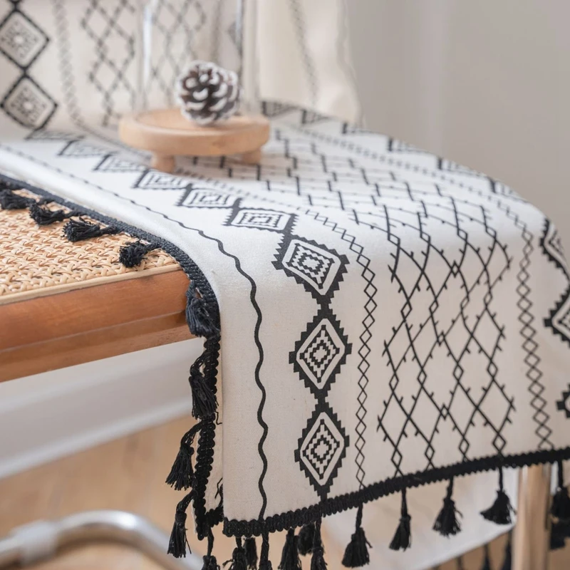 Curtains for Living Room Finished Cotton Linen Kitchen Curtains Bohemian Style Black and White Print Bay Window Valance