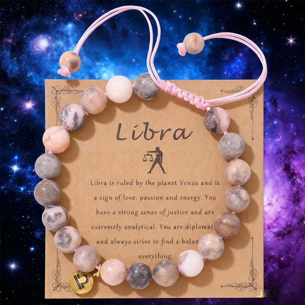 Libra Pink Zebra Stone Beads Bracelet 12 Zodiac Constellation Signs Charm Braided Bracelets for Women Birthday Gift Jewelry