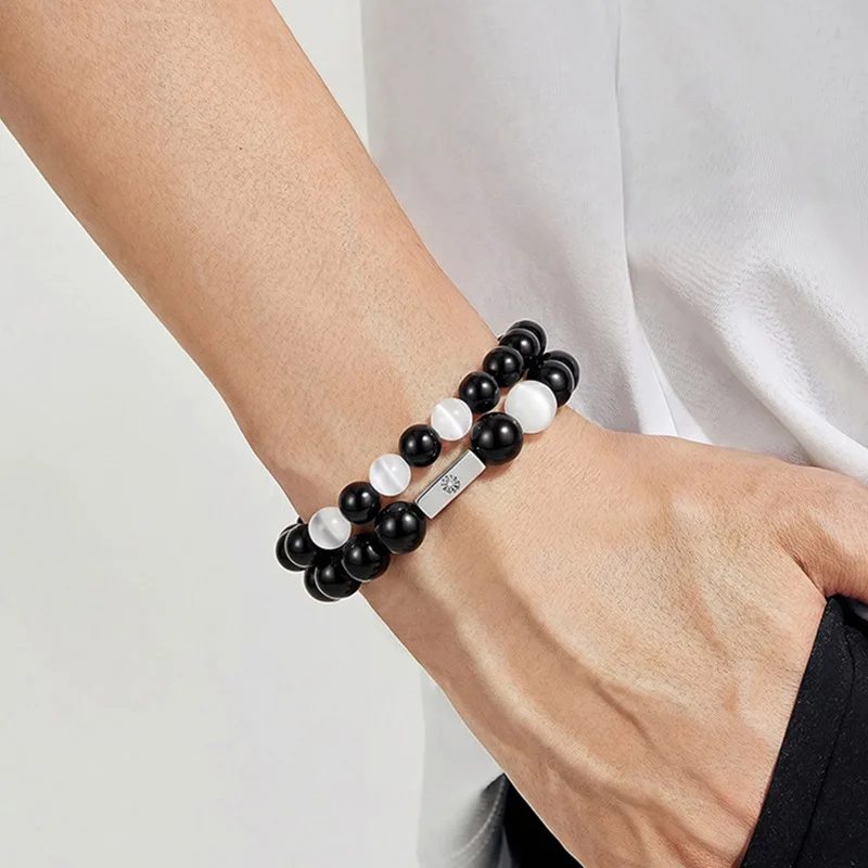 Chinese Style Lucky Natural Obsidian Sun Moon Double Layer Couple Bracelet Strawberry Quartz Cat Eye Stone Handmade Beaded Fortu view 2