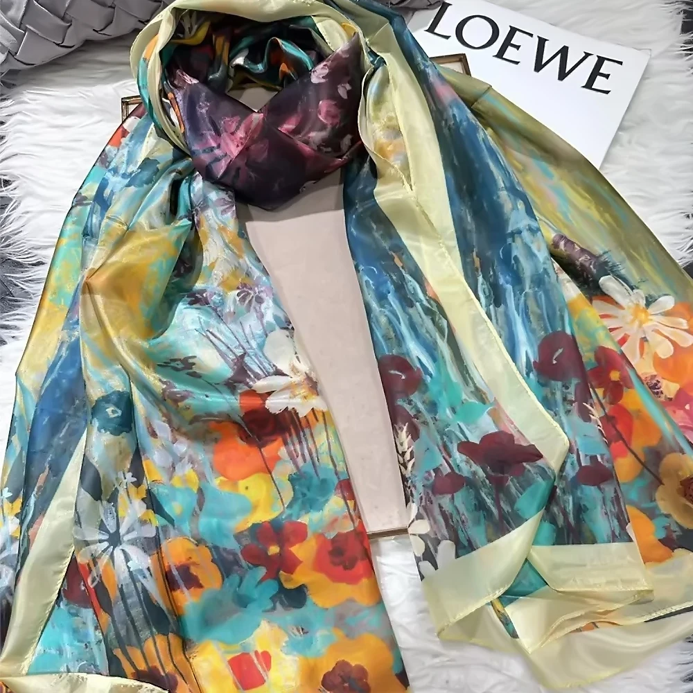 บายซิฟา | Beige Blue ผ้าพันคอผ้าไหมผ้าคลุมไหล่ผู้หญิงดอกไม้พิมพ์ผ้าพันคอ Cape ฤดูใบไม้ร่วงฤดูหนาว 100% หม่อนผ้าไหมผ้าพันคอยาวฤดูร้อนผ้าคลุมไหล่ชายหาด