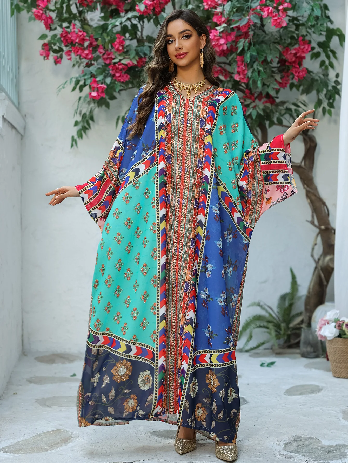 

New Middle Eastern Women's Dresses Printed Dart Dress Long Sleeve Robe Holidays Bohemia Style Casual Dress